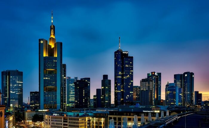 Nachtansicht einer beleuchteten Skyline.